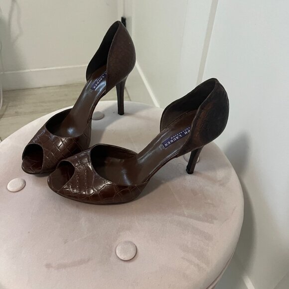 Ralph Lauren Collection Brown Leather Snake Skin Print Peep Toe Heels Size 9 - Picture 2 of 5